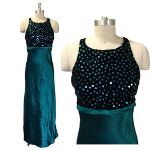 Vintage 90s All That Jazz Prom Dress Size 9/10 Teal Velvet Satin Sequin Tie Back